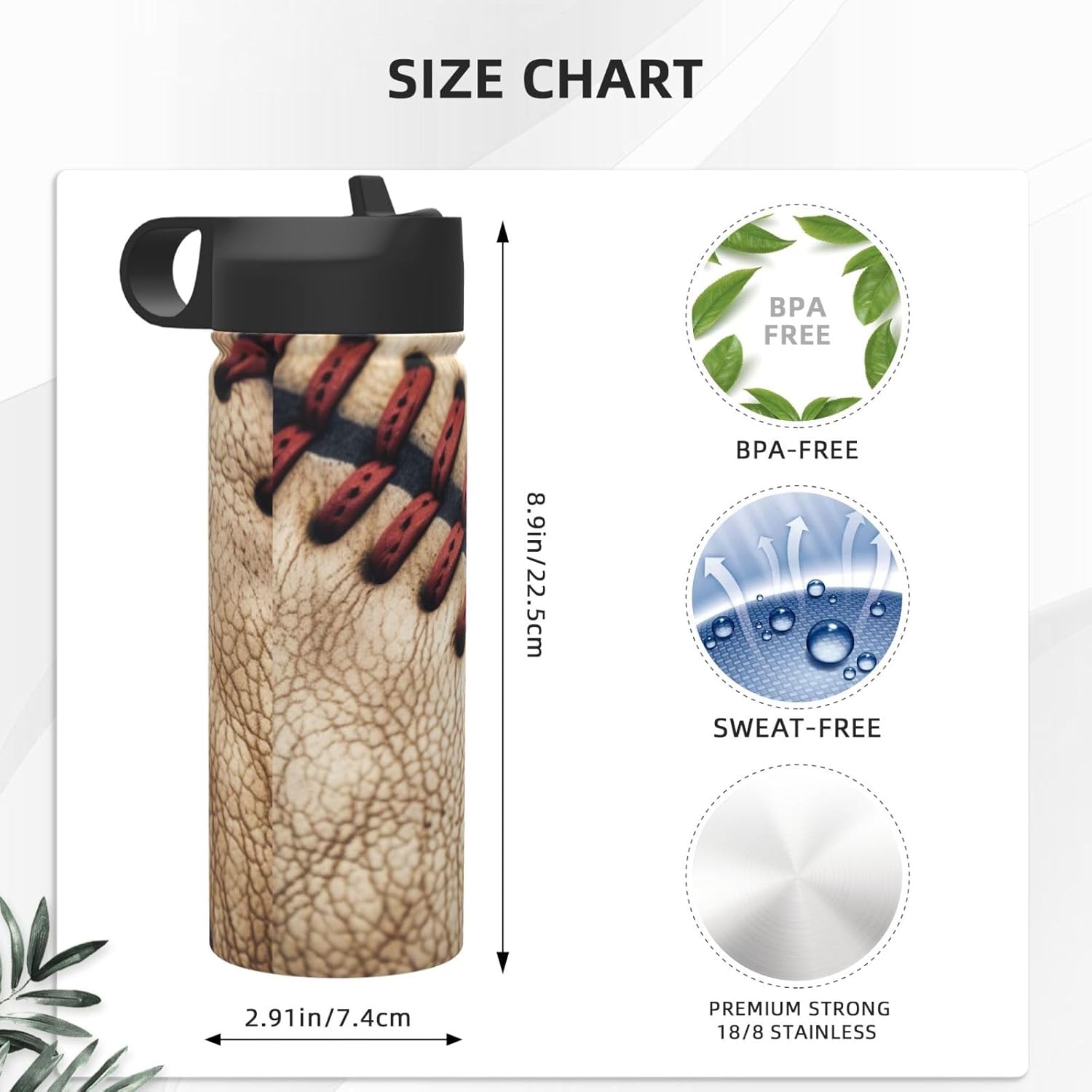 18 oz Vintage Baseball Double Wall Insulated Water Bottle with Straw and Lid, Stainless Steel Sports Bottles Sports Travel Mug for Home Office