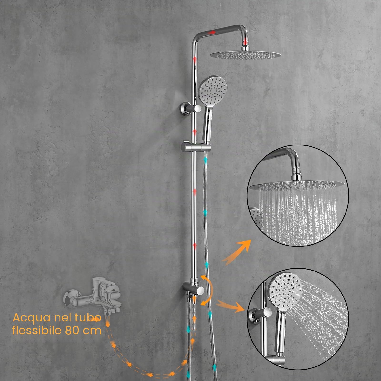 GRIFEMA Colonna Doccia Colonna Doccia Acciaio Inox Senza Miscelatore Fori Muro Regolabili Asta Doccia Gruppo Doccia Colonna Con Soffione e Doccetta Porta Ogetti Mensola 25x25cm, G7005