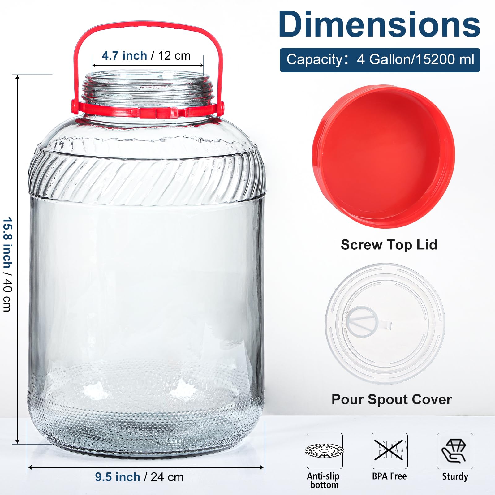 Amazon.com: Daitouge Ulrta 4 Gallon(15200 ML) Glass Jar with Lid & Handle,  Wide Mouth Large Glass Jars with Plastic Screw Lids, Glass Storage Jars BPA  Free & Dishwasher Safe, 1 Pack: Home