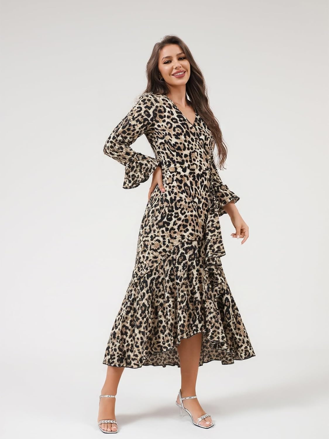 DERAX Womens Leopard Print Maxi Dress Long Sleeve V Neck Ruffle Asymmetrical Hem 2026 Spring Long Dresses - Image 3
