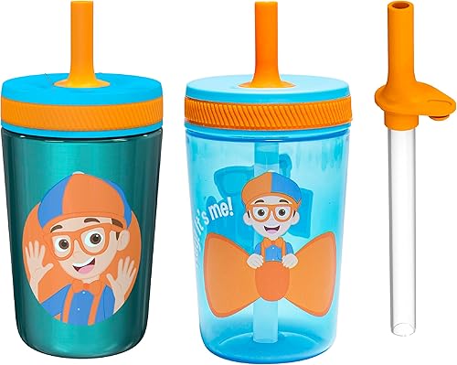 Zak Designs Blippi Kelso - Juego de vasos con tapa de rosca a prueba de fugas con popote, paquete para niños, incluye vasos de plástico y acero