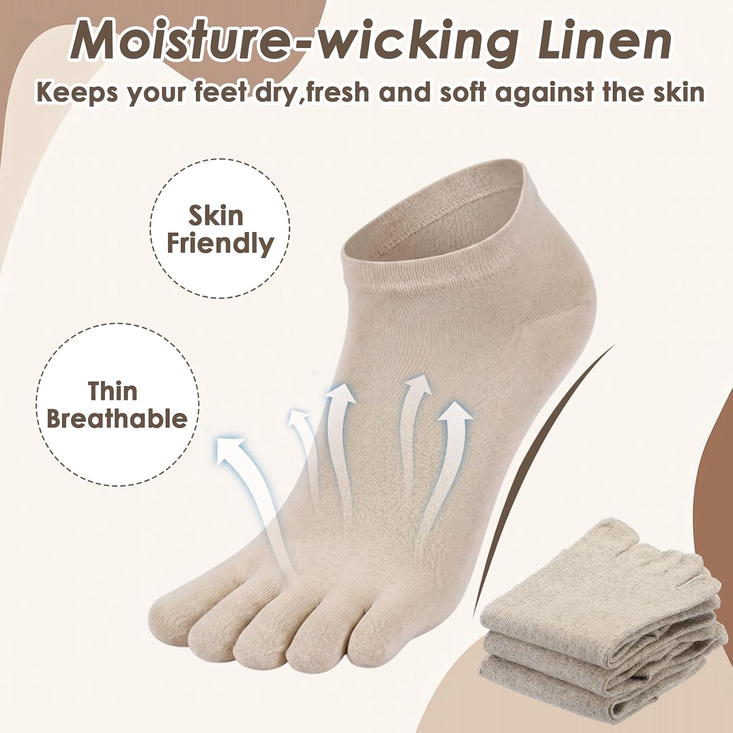 Unittype 9 Pairs No Show Linen Toe Socks Thin Breathable Crew Linen Separate Finger Socks with Toe for Women Men Sports