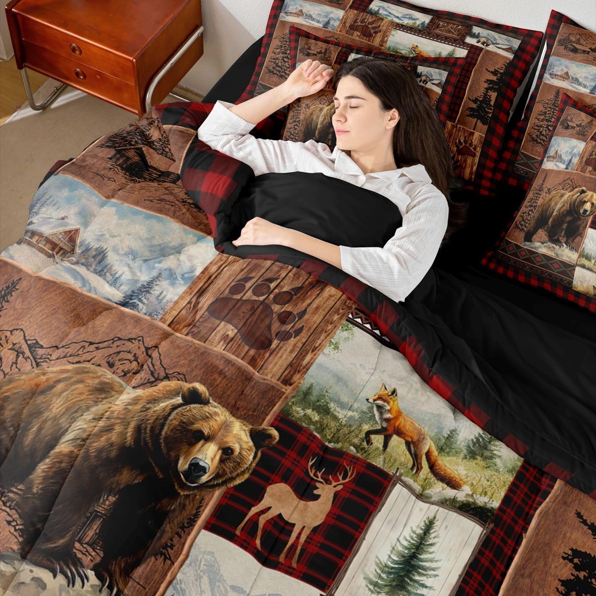 Feelyou Cabin Bear Comforter Set with Sheets 7 Piece Queen Size Lodge Rustic Deer Bedding Set Farmhouse Wildlife Bed in a Bag Country Boho Room Decor Buffalo Check Checkered Wooden Soft Microfiber