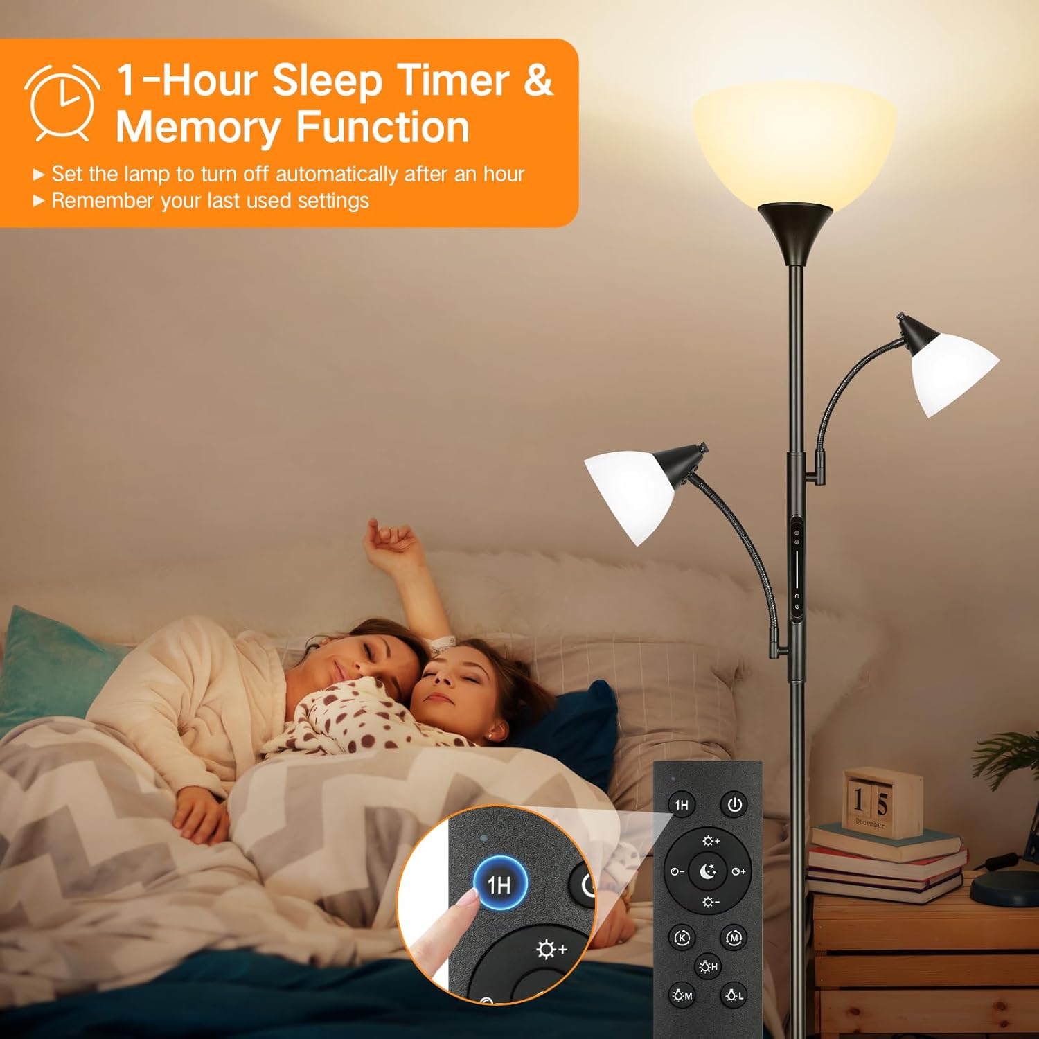 Image showing the OUTON floor lamp with different color temperatures (3000K to 6500K) and dimmable brightness (10% to 100%)