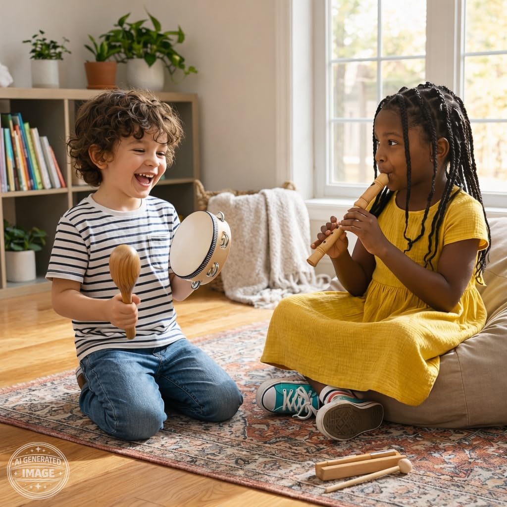 Set de Instrumentos Musicales de Madera Stoie’s para Niños de 1-9 Años – Tambor, Flauta, Maracas, Campanitas, Castañuelas, Pandereta, Juguete Montessori Educativo, Seguro, con Bolsa de Algodón