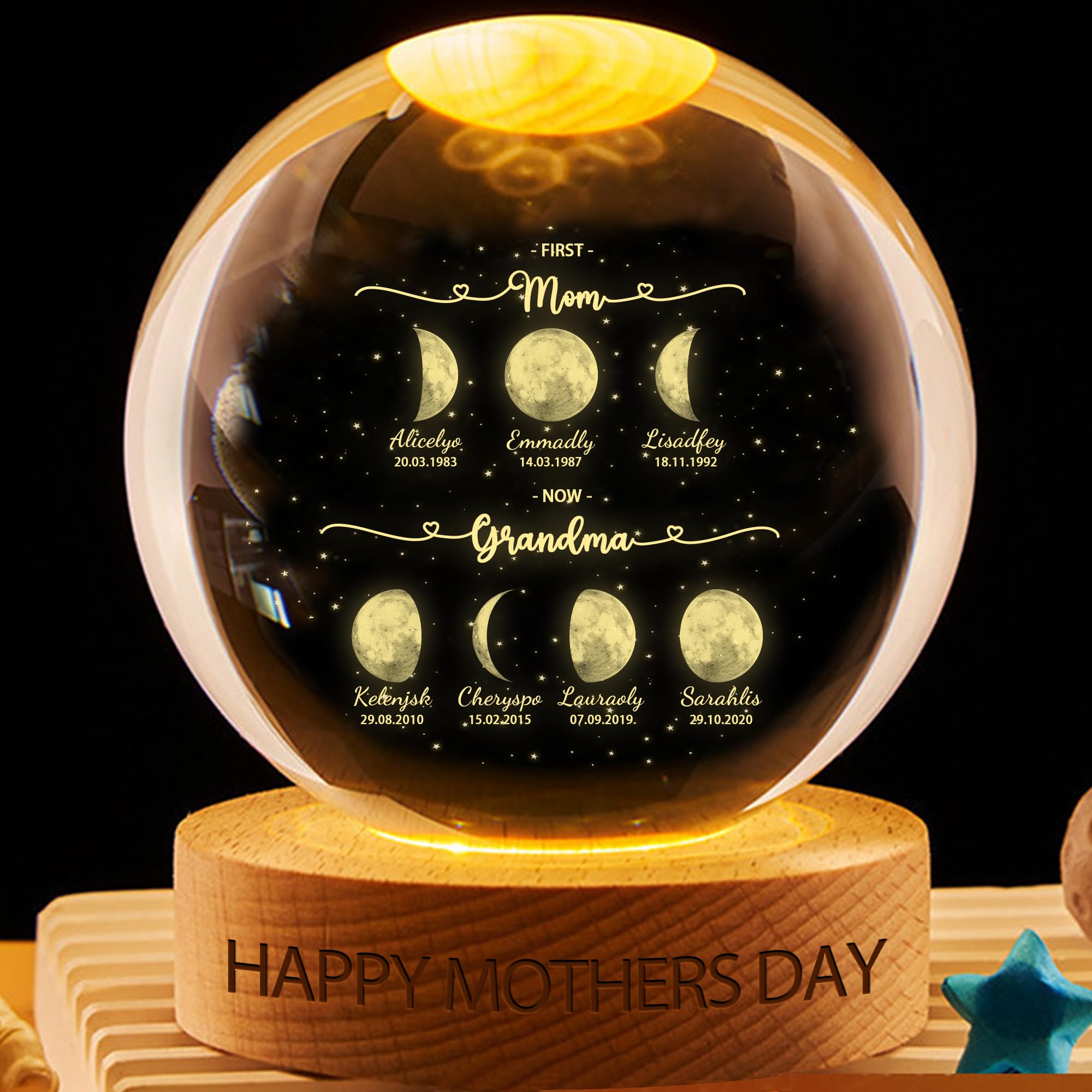VWCSDSCS Custom Moon Phase Crystal Ball LED Night Light Personalized with Kids Names, Our Moon Special Day, Multicolor Changing for Bedroom Decor Lamp Gift for Mom Grandma Her Wife Papa Dad