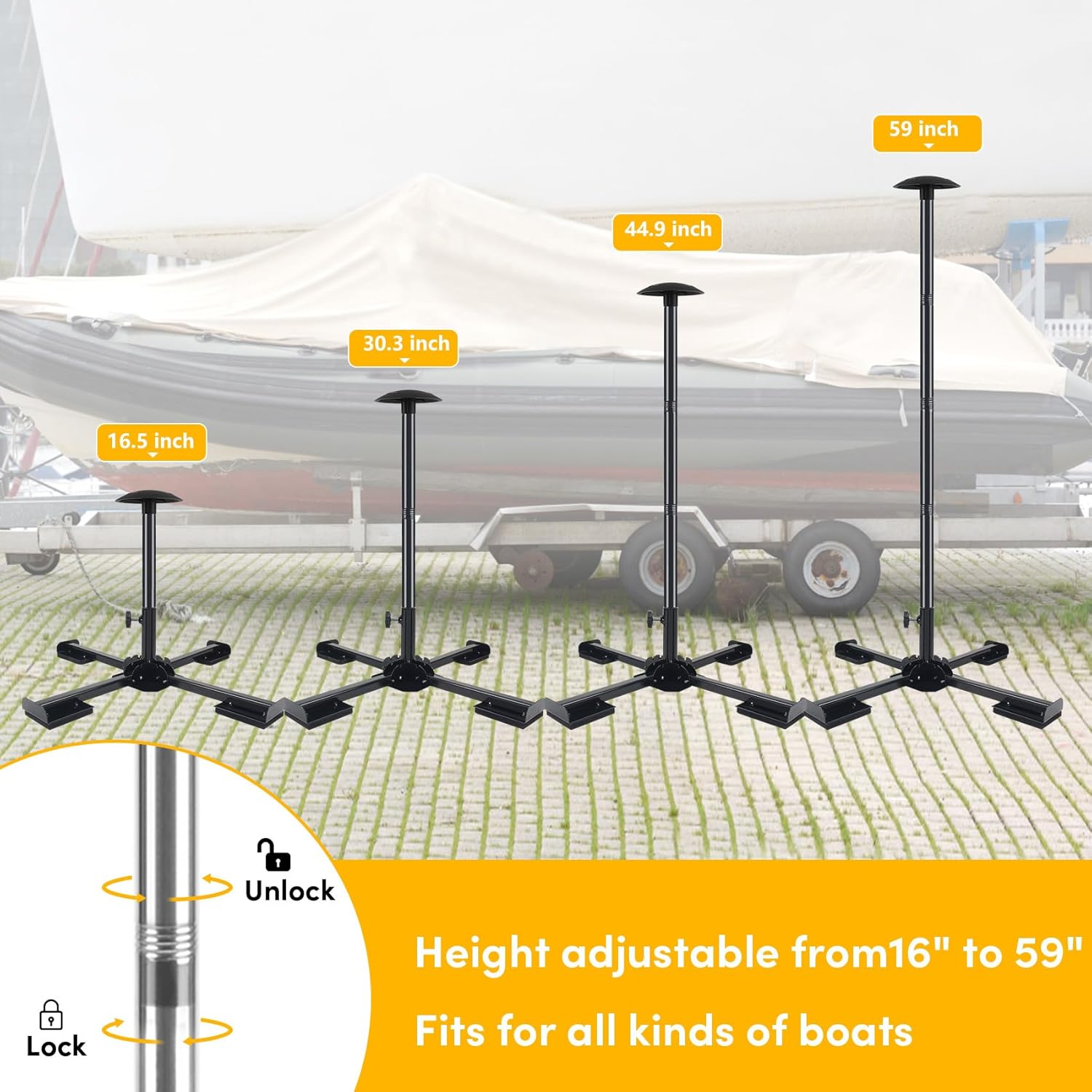 Boat Cover Support Poles Heavy Duty 2 Pack, Stainless Steel Boat Cover Support System with Metal Cross Base, 16” to 59” with Adjustable Strap - Black