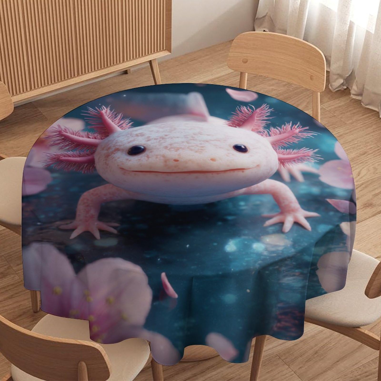 LUYYSKY Funny Oil Painting Cute Axolotl Waterproof Round Tablecloth Retro Japanese Anime Cherry Blossom Flowers Animal Axolotl Washable Table Cover for Kitchen-127 Wx127 L cm