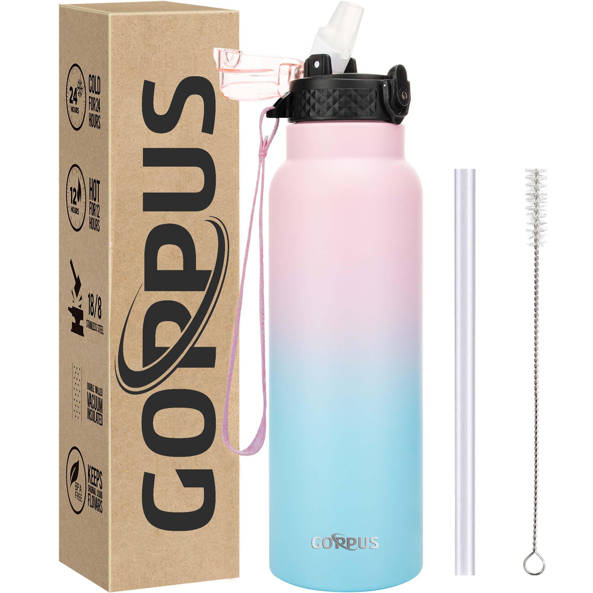 GOPPUS 24 oz Insulated Double Wall Vacuum Water Bottle With Straw Stainless Steel Sports Water Cup Flask Leakproof Wide Mouth Resusable Water bottles for Kids Men Women