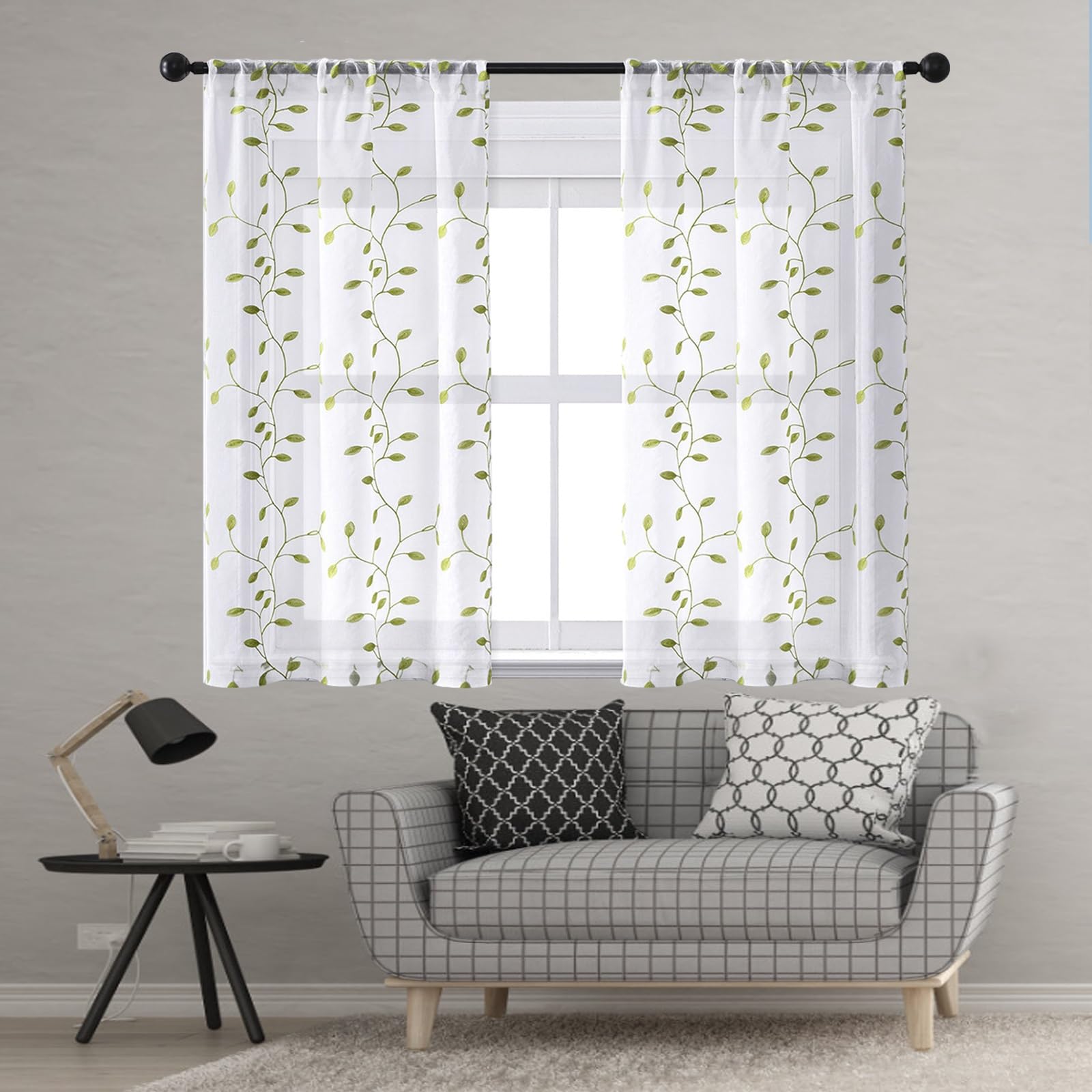 Rideau voilage blanc et vert 240x270 cm semi-transparent pour grand salon