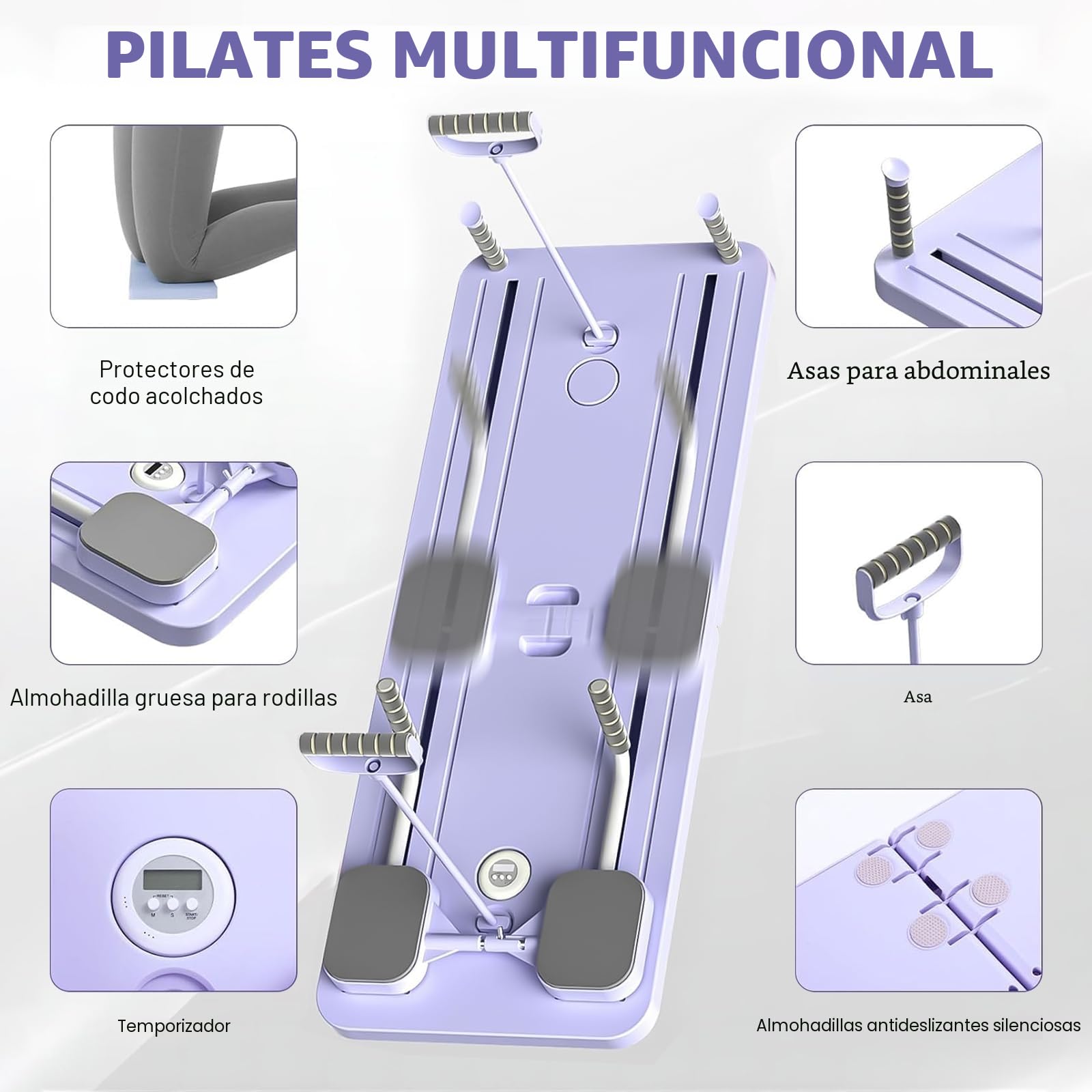 Pilates Reformando Compacto, 4 en 1 Pilates Plegable,La rueda abdominal push-up rebota automáticamente temporizador,Tabla Abdominal Pilates Multifunción para el Hogar y el Gimnasio