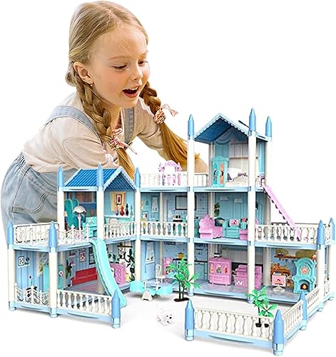 Casa de muñecas de 9 habitaciones para niñas juego de casa de ensueño con 1 perro 2 árboles y 25 accesorios de muebles casa de juguetes de princesa