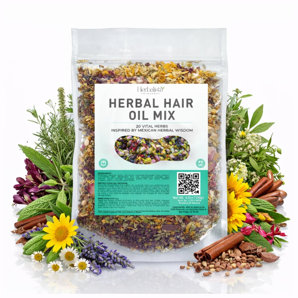 HERBALISTA – Premium Herbal Hair Oil Mix 3.5oz (100g) | 20 Mexican-Inspired Ayurvedic Herbs | Longer-Looking Hair, Stronger-Feeling Roots, Fuller Volume & Natural Shine | DIY Oil Infusion | Hair Care