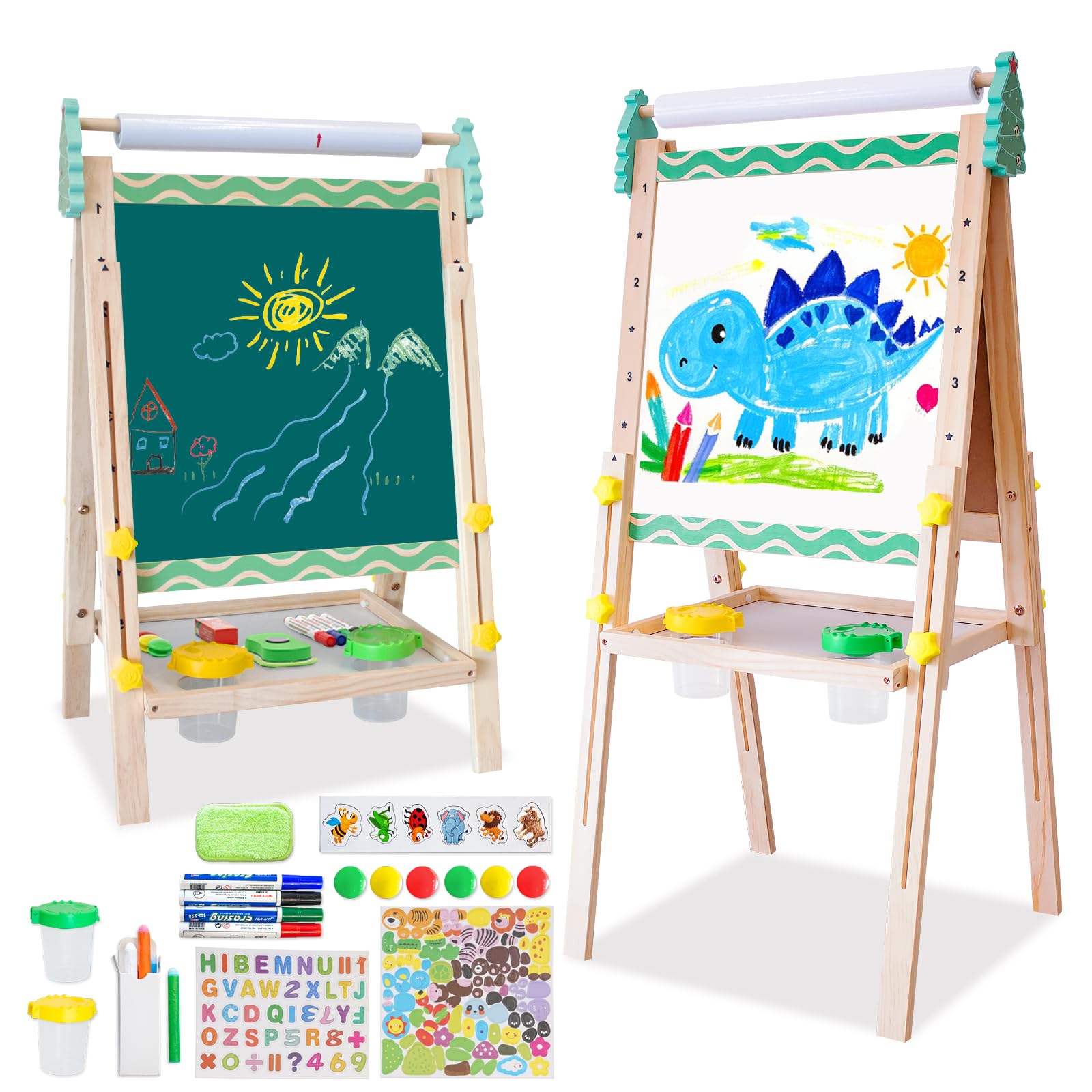 Lavagna Bambini con Cavalletto e Rotolo di Carta lavagna di Legno Bambini con Lavagna e Lavagna Bianca Accessori per Pittura Regolabile in Altezza (strisce verdi)