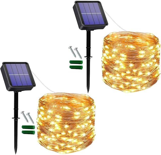 Solar Christmas Lights Outdoor 2 Packs 120 LED 46ft/14m Copper Wire Solar String Lights Garden Lights 8 Modes Warm White Solar Fairy Lights Waterproof Decorative String Lights for Patio, Gate, Yard