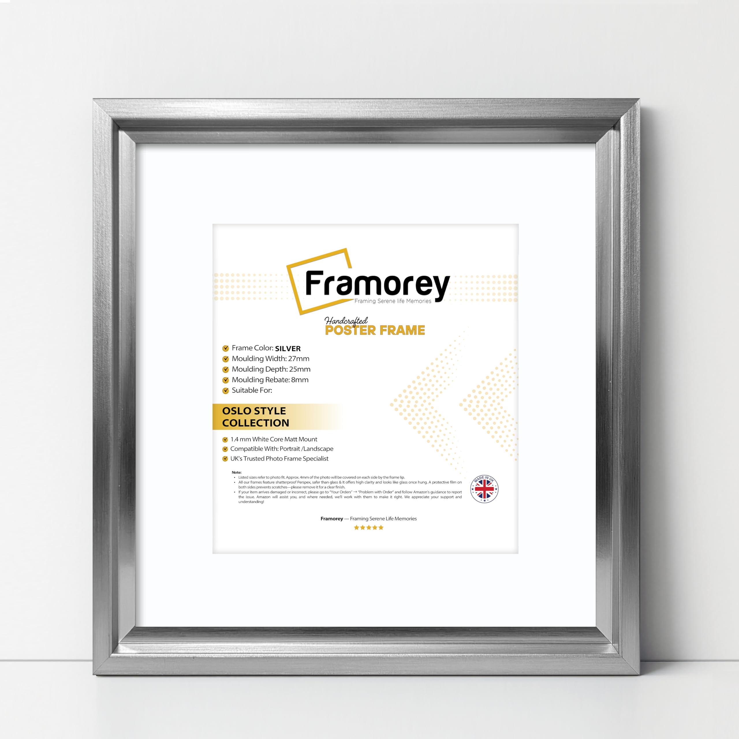 Framorey Framing Serene Life Memories Silver With White Mount Framorey Square Size Picture Frame, 11X11" Size Silver Photo Frame With 9X9" Size White Mount, Oslo Style Wall Art Frames, Photo College Frame