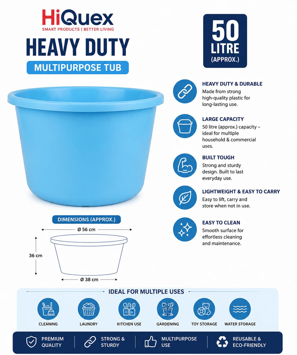 Heavy Duty 50L Plastic Tub - Blue -2