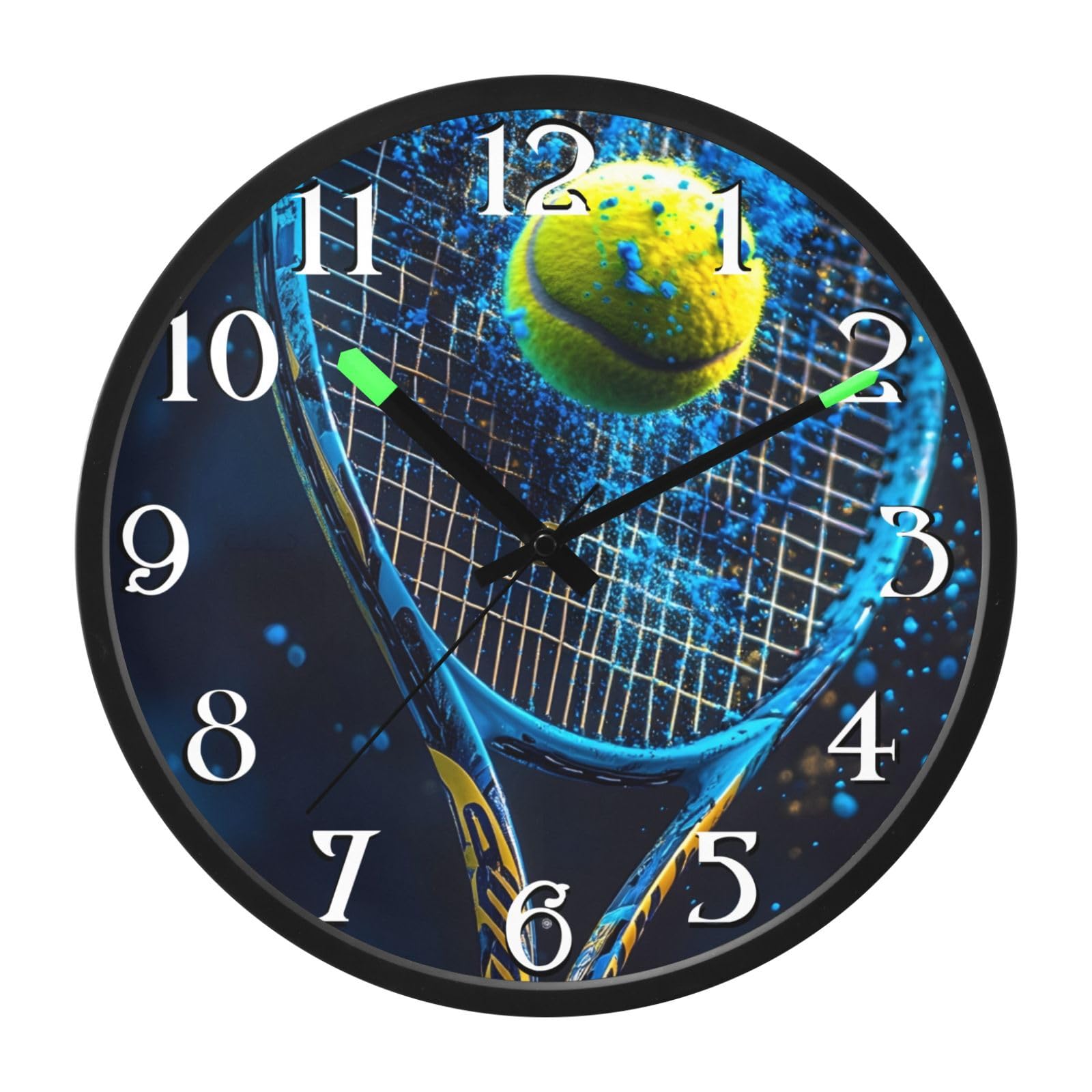 Mnsruu Reloj de pared luminoso con fondo negro, pelota de tenis, reloj de dormitorio, funciona con pilas, reloj silencioso que brilla en la oscuridad, para sala de estar, cocina, 30,5 cm