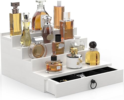 Vista 37 de Organizador de colonia para hombres, organizador de perfumes de madera negra de 4 niveles con cajón de forro de fieltro y compartimento oculto