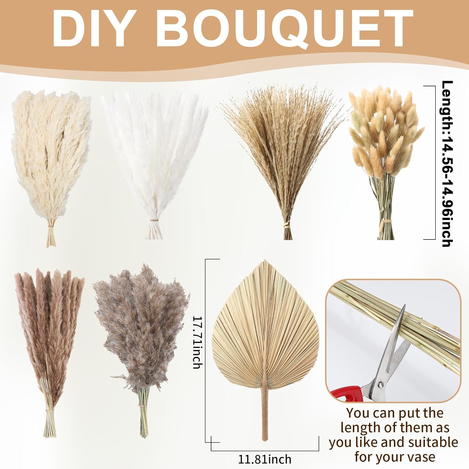 202 Pcs Boho Dried Pampas Grass Decor Bulk, Large Dried Palm Spears Bunny Tails Pampas Reed Grass Dried Palm Leaves Dried Flower Bouquet Boho Centerpieces for Wedding Home Tables Decor