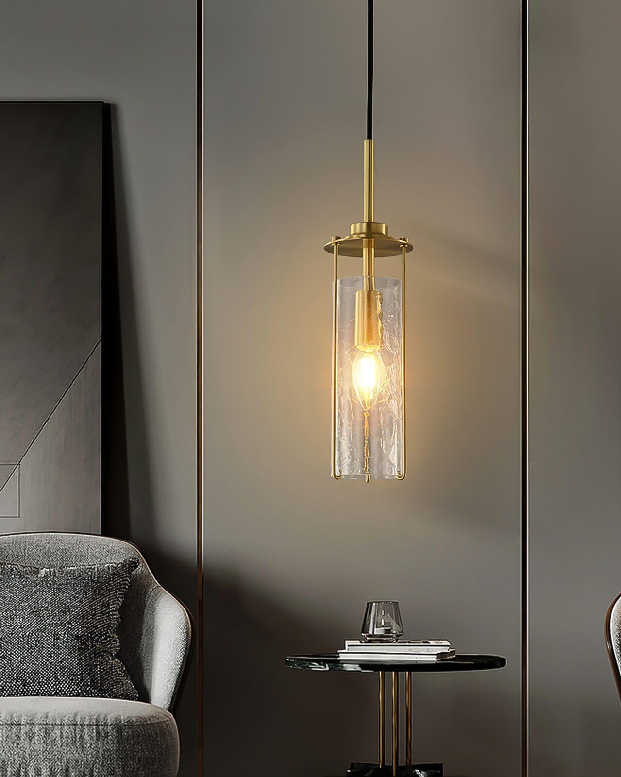 Glowave™ Golden Cylindrical Crackle Glass Shade Pendant Hanging Light Metal Chandelier Ceiling Lamp for Kitchen, Bedroom Bedside Cafes - Warm White-image-37
