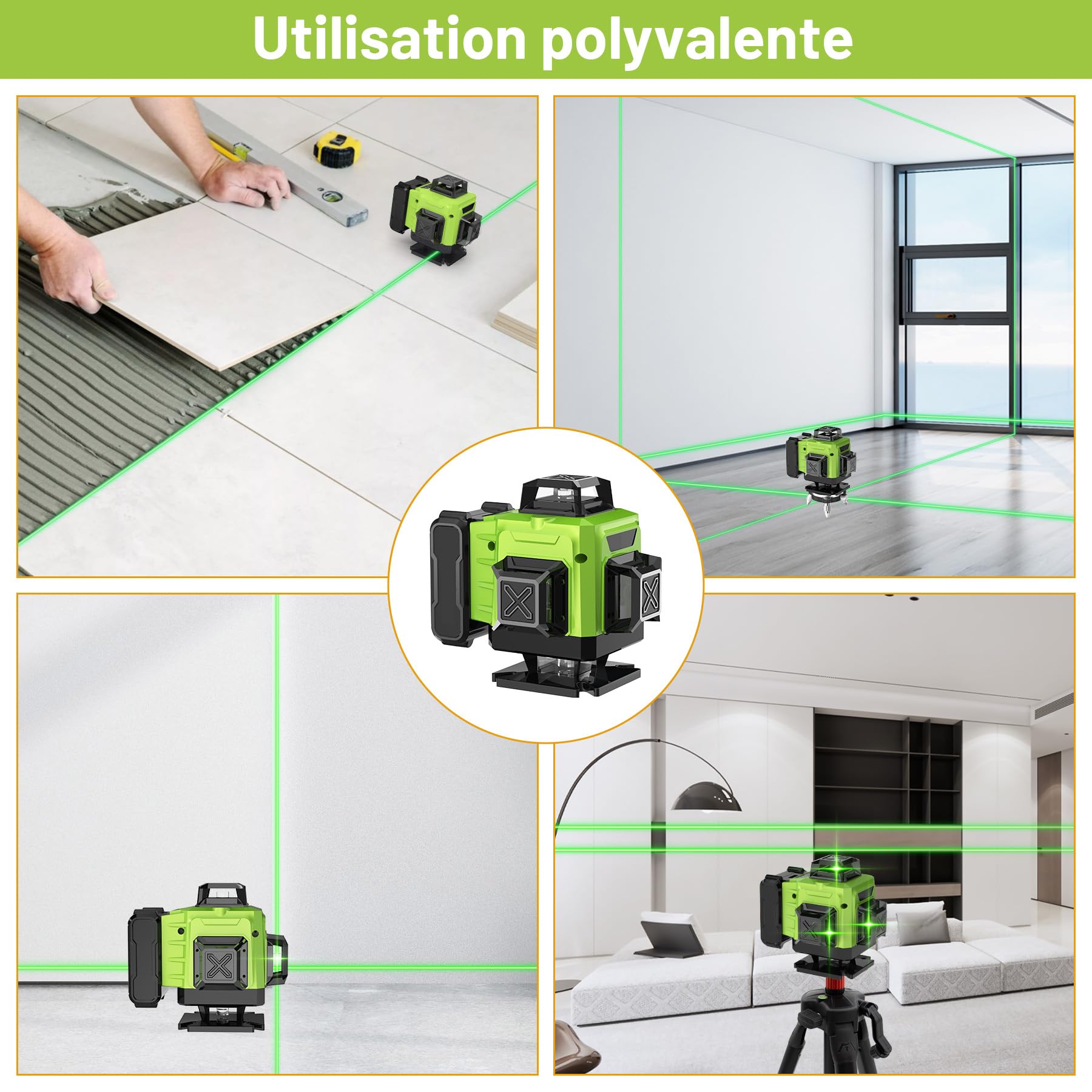 Niveau Laser Chantier Autonivelant 4 x 360°, 4D 16 Lazer Niveaux avec Trepied, Batterie Rechargeable, avec Support Mural, pour Décoration Intérieure, IP54 Étanche et Anti-Poussière