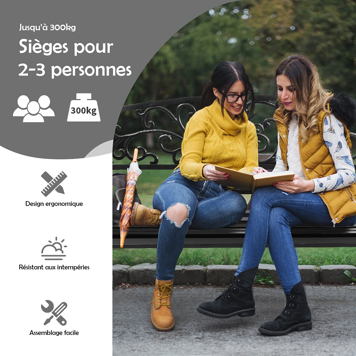 GOPLUS Banc Exterieur Jardin, 126 x 60 x 85CM, Banquette Exterieur avec Dossier en Fer, Style Elégant et Chic, Place Assise pour 2 Personne, Design Ajouré en Papillon, Idéal pour Terrasse, Patio, Noir
