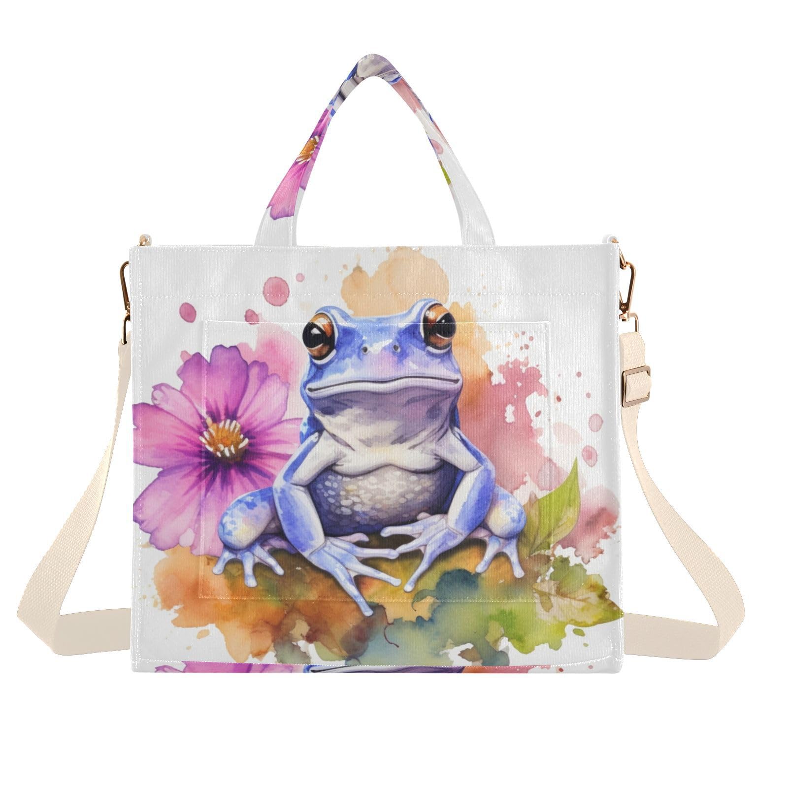 YMGQYJ Watercolor Frog Tote Bag for Women Corduroy Handbag Purse Shoulder Bag with Detachable Strap Small Size