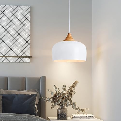 Miniatura 4 de Lámpara colgante moderna de madera maciza, lámpara colgante de techo con pantalla de metal cúpula, lámpara ajustable para isla de cocina, comedor,