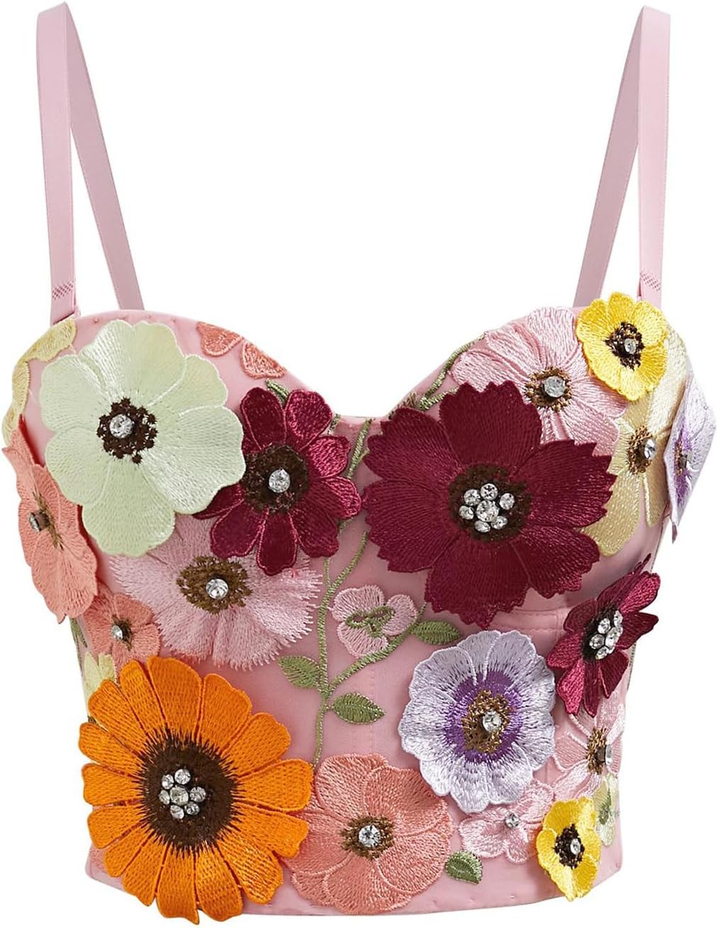CHICWISH Women 3D Floral Applique Rhinestone Bra Top Sexy Bustier Push Up Top Going Out Garden Party Cropped Tops