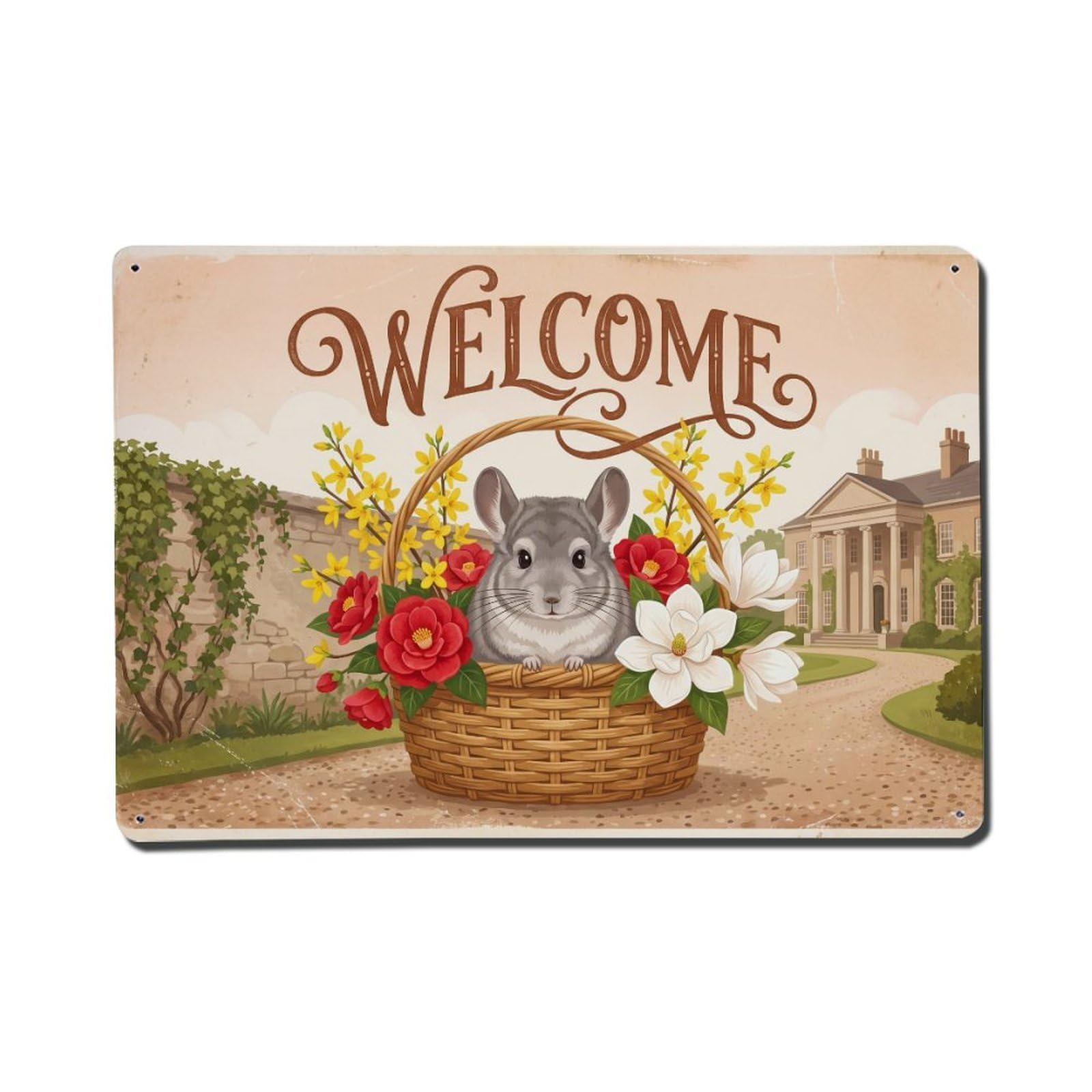 Vintage Welcome Chinchilla Fresh Blooms Metal Tin Sign