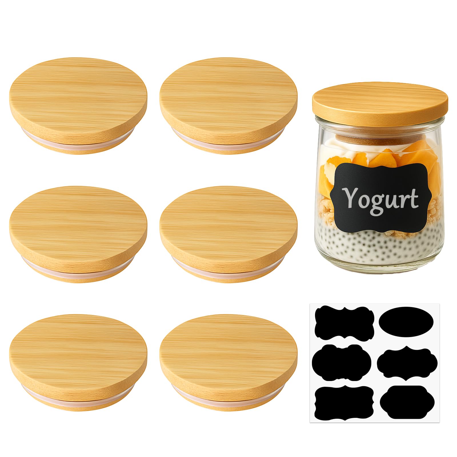 6 Pack Oui Yogurt Jar Lids, Natural Bamboo Wooden Oui Lids for 5 oz Oui Yogurt Glass Jars, Reusable Canning Lids with Silicone Sealing Rings and Label (Jars Not Included)