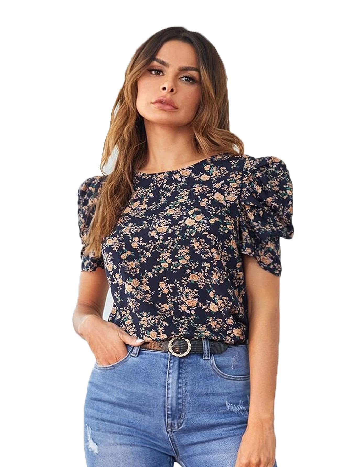 J B FashionWomen's Regular Round Neck Half Sleeve Polyester Digital Printed Top