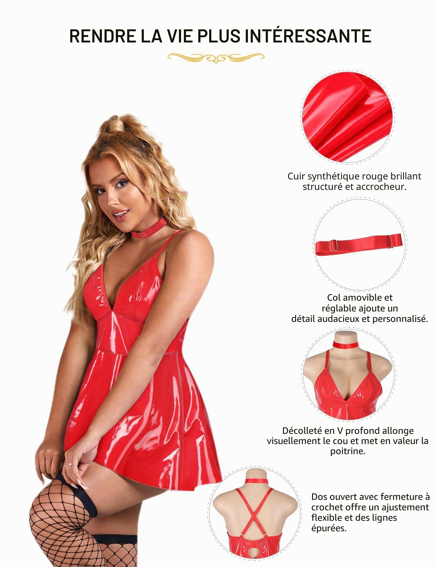 Robe Sexy Femme Simili Cuir Mini Robe Grande Taille Dress Babydoll Armature Ensemble Lingerie avec Collier Tulle Chemise Col V Clubwear Vêtements de Nuit Babydolls