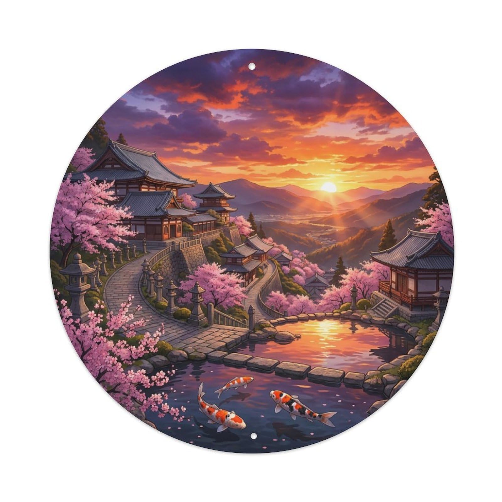Tgrcjimh Style Metal Tin Sign Japanese Koi Fish Hillside Temple Valley Sunset