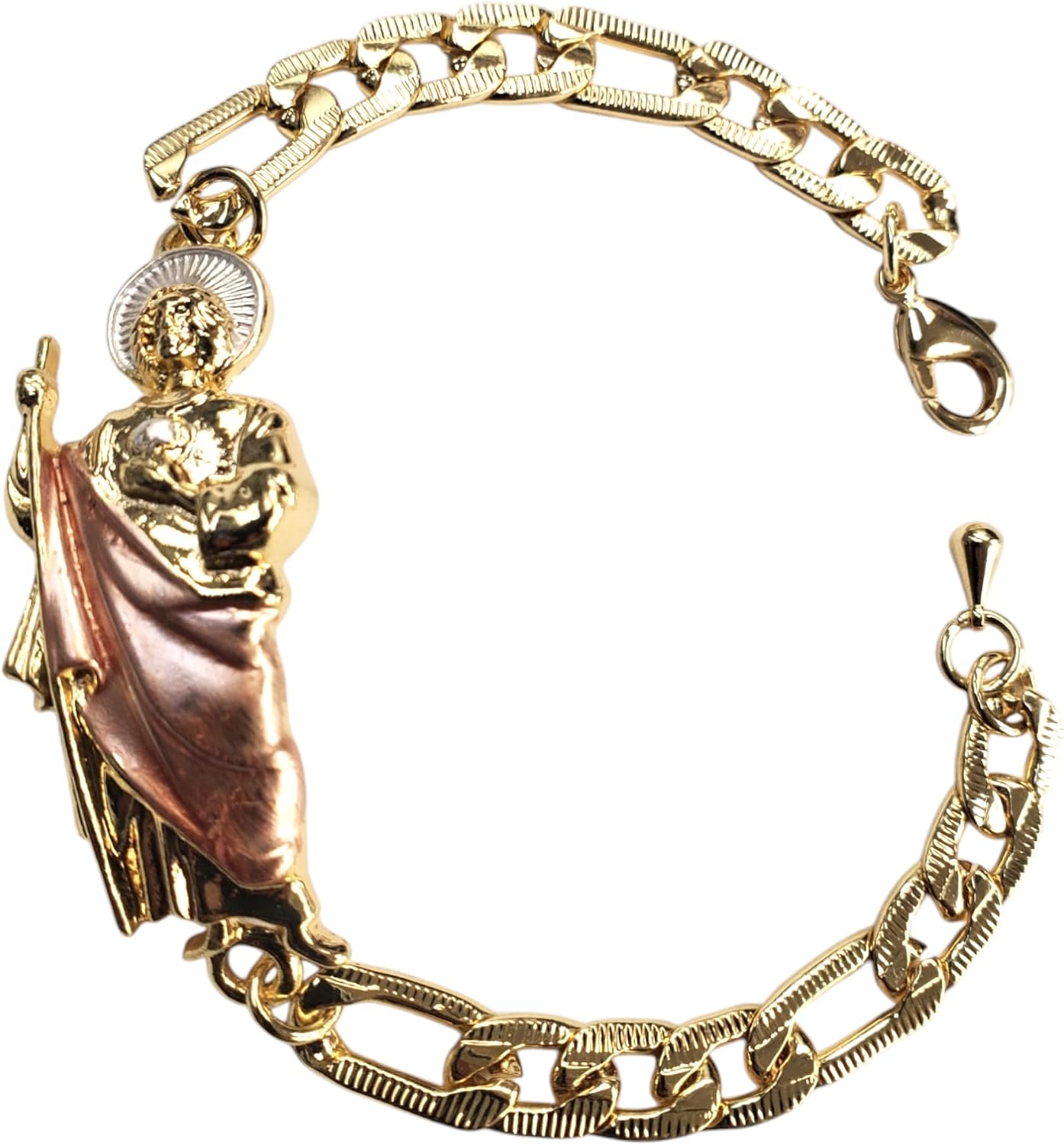 IMPRESSIVE Gold Plated Saint Jude Figaro Chain ID Bracelet For Women Men, Esclava San Judas Oro Laminado Manilla de San Judas Tadeo Mexico Para Hombre Mujer