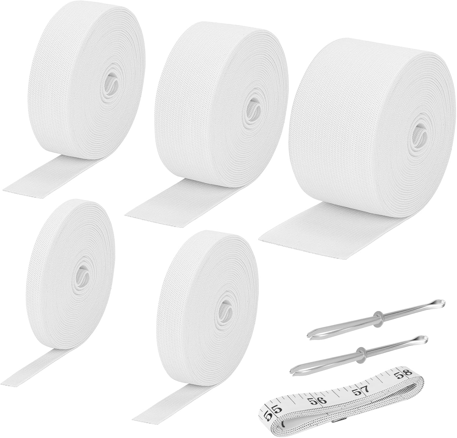 5 Rolls Elastic Band for Sewing, High Elasticity Knit Spool Band 0.4/0.6/1/1.5/2 Inch, 5.5 Yards/Roll with Sewing Clips & Tape Measure for Waistband Pants Dresses Swimwear Clothes Crafts DIY (White)
