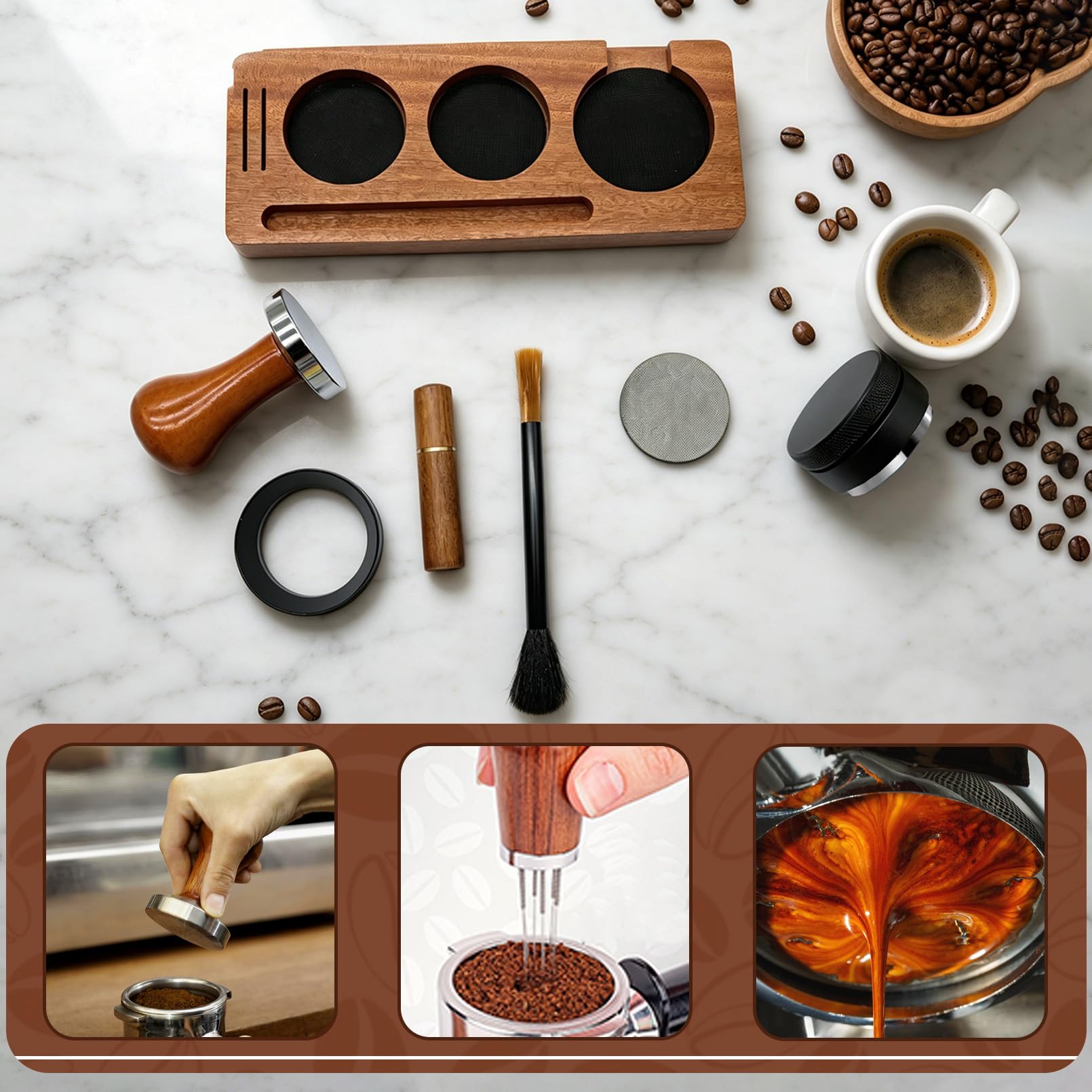 Juego de accesorios para café expreso de 51 mm, juego de 7 piezas – Tamper, distribuidor, anillo dosificador, herramienta WDT, cepillo, pantalla de disco y tamping para portafiltros, juego