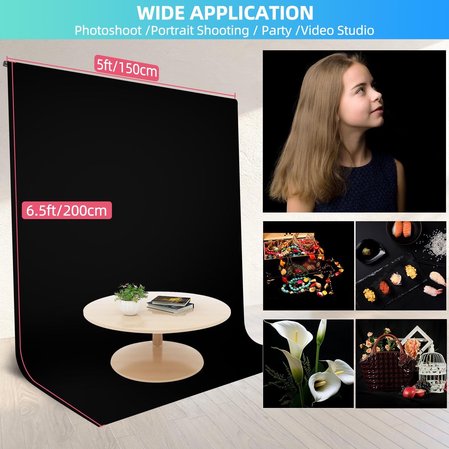 JEBUTU Black Backdrop Background with Stand for Photoshoot, 5x6.5ft Black Photo Backdrop Curtain Cloth with Background Support Stand, 5 Spring Clamps& Carrying Bag for Party Photography Video Studio