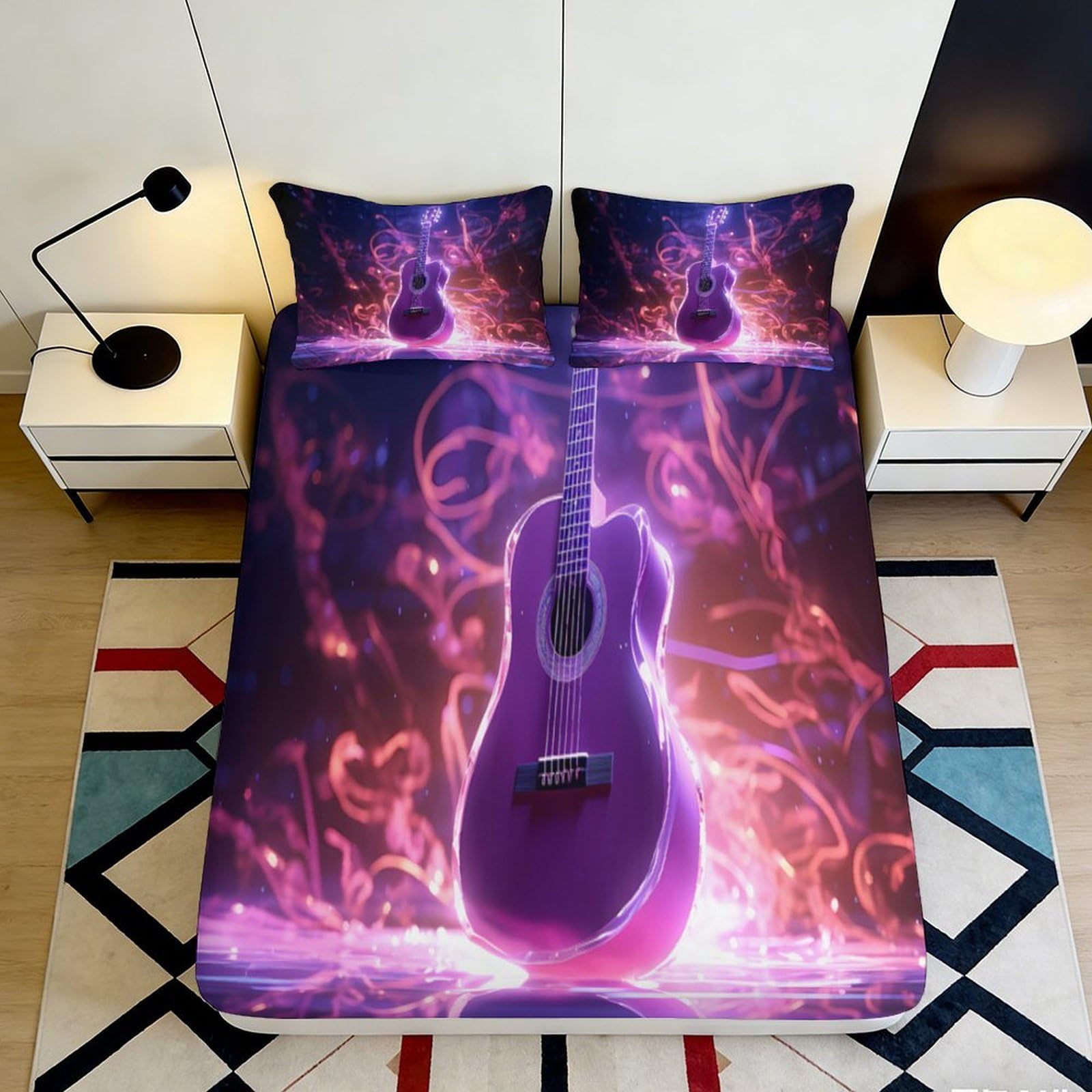 Kzqnxhjprl Style-8 3D Printed Purple Guitar Fitted Sheet Microfiber Soft Breathable Fire Art Mattress Cover For Bedroom Dorm Decor 90X200x25cm