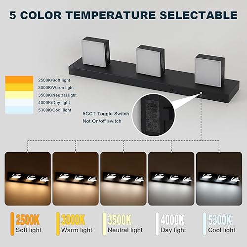 Miniatura 3 de Joosenhouse Lámpara de tocador de baño negra de 3 luces, 5CCT regulable, luces LED de tocador sobre el espejo, 23.6 pulgadas, 24 W, luces de espejo