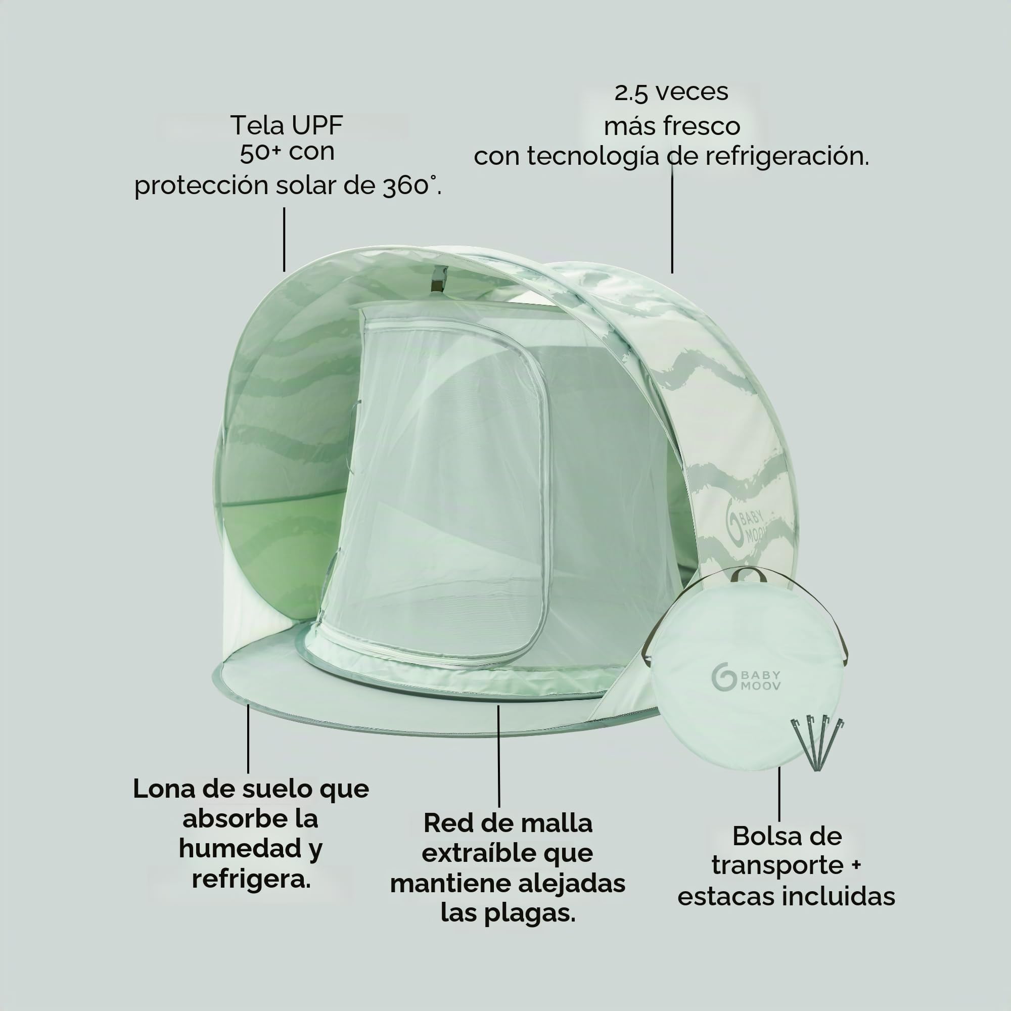 Babymoov Moov & Protect Tienda de campaña de Playa con refrigeración Anti-UV para bebés con mosquitera integrada, portátil, Laguna Verde (edición de Verano 2025)