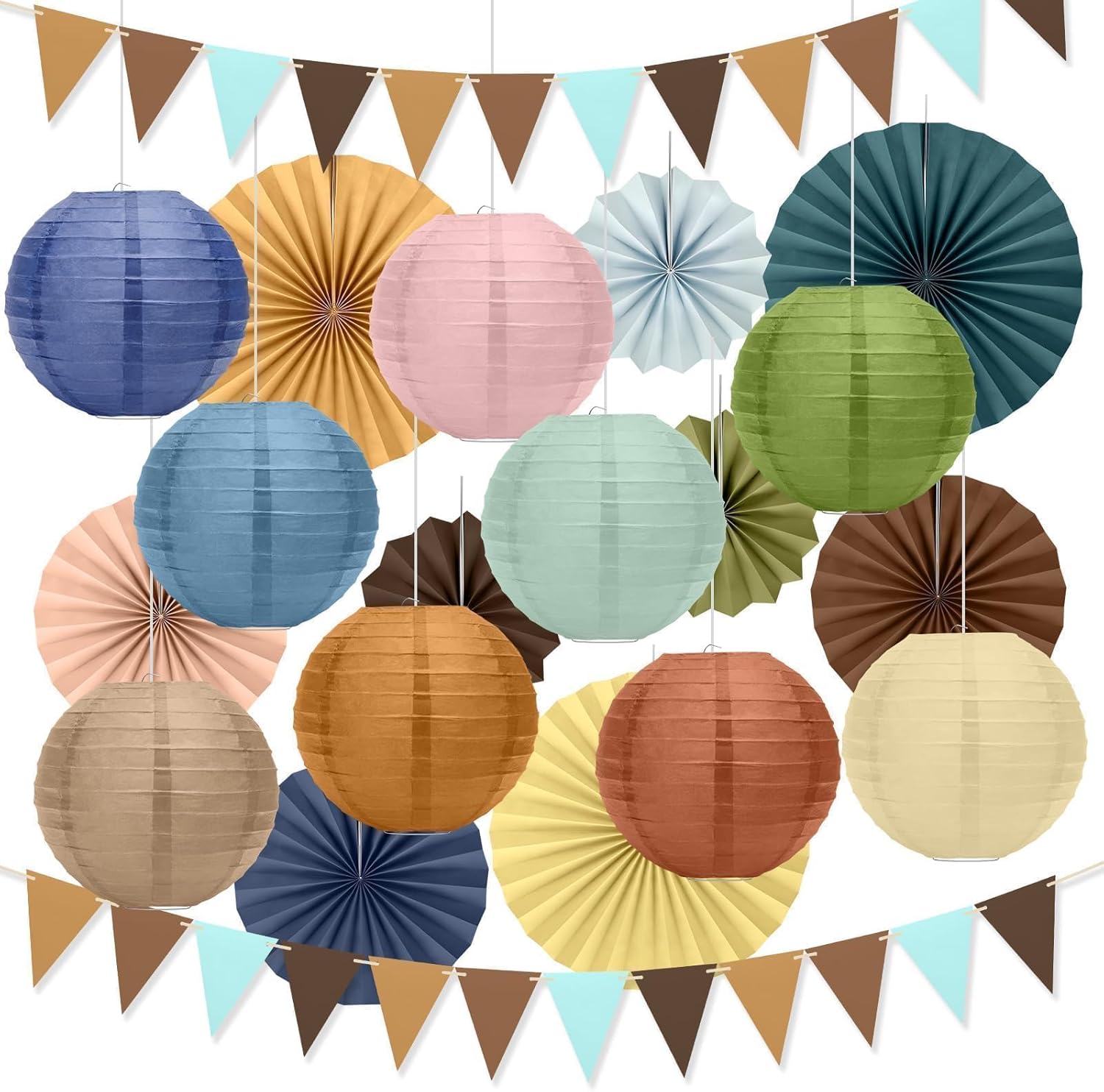 EEEKit 20 PCS Hanging Paper Fans for Birthdays, Boho Party Fan Decorations Set with Lanterns and Flags for Christmas, Wedding Decor