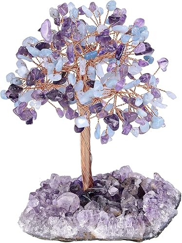 mookaitedecor Árbol de cristal natural de aguamarina y amatista con base de cristal de amatista, figuras de árbol de dinero Feng Shui, decoración de