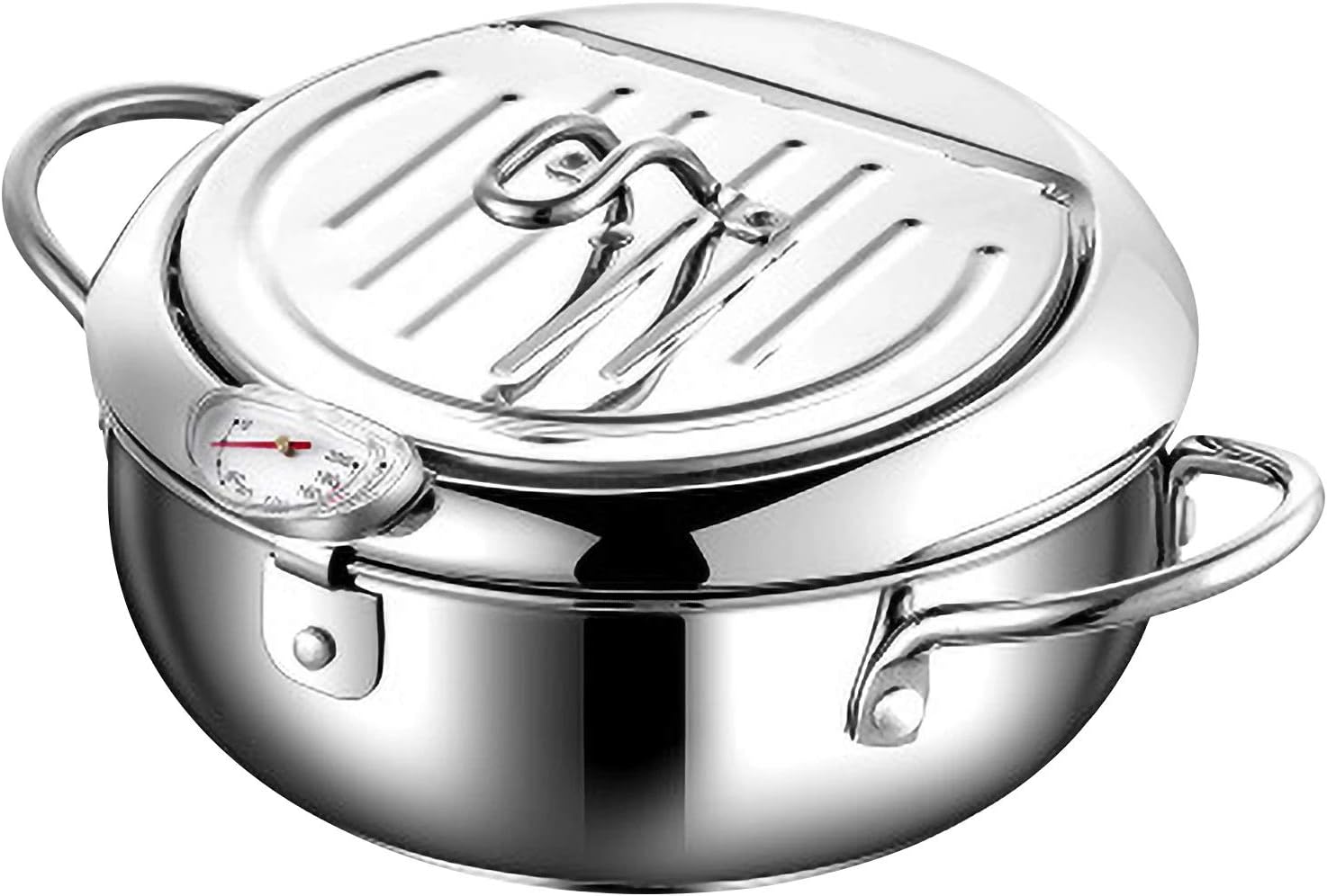 Nonstick Deep Fryer Pan, Japanese-Style Tempura Deep Fryer with Thermometer, Dust-Proof Lid and Oil Drip Rack for Kitchen Cooking,24cm (20cm)