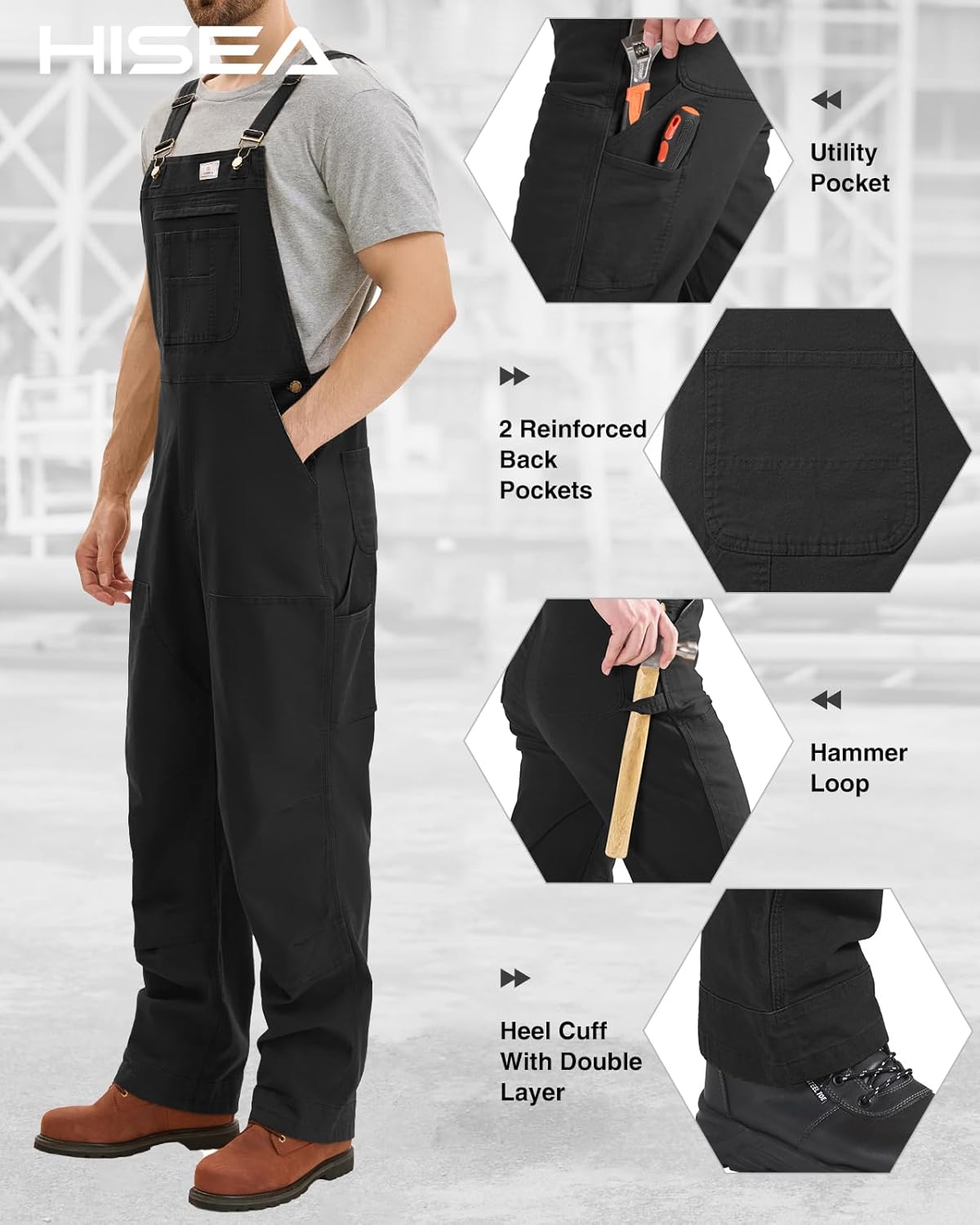 HISEA Flex Canvas Overalls for Men, Bib Work Double Knee Stretch Overall, Relaxed Fit Lightweight Workwear with Pockets - Image 5