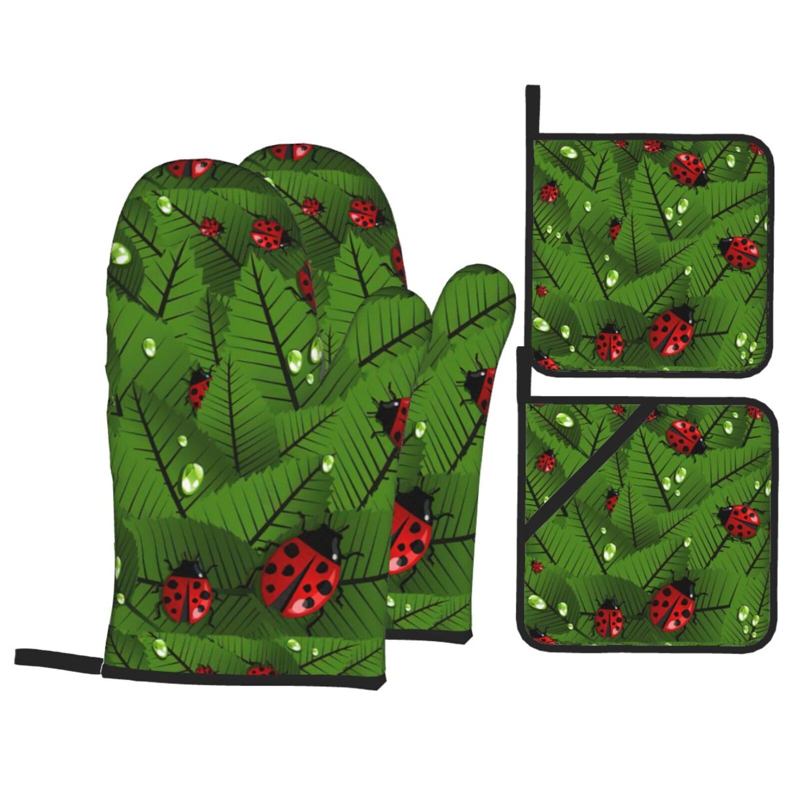 Leaves And Ladybugs Print Kitchen Oven Mitts And Pot Holders Set,Hanging Loop Design For Cooking Baking Bbq