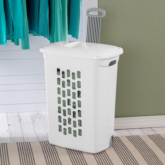 Sterilite 9-Pack Ultra Wheeled Hamper, Laundry Basket w/Flip-Top Lid & Retractable Handle - Plastic Rolling Clothes Storage Cart with Ventilated Holes for Home, Apartment or Dorm