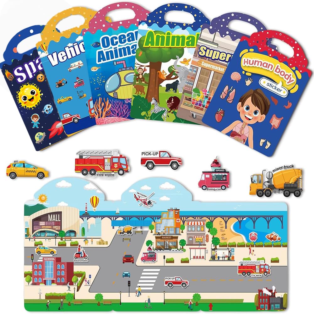 6 Packs 3D Reusable Sticker Pads for Young People, Sticker Activity Books with Supermarket, Transport, Animal, Ocean, Body, Space Themes