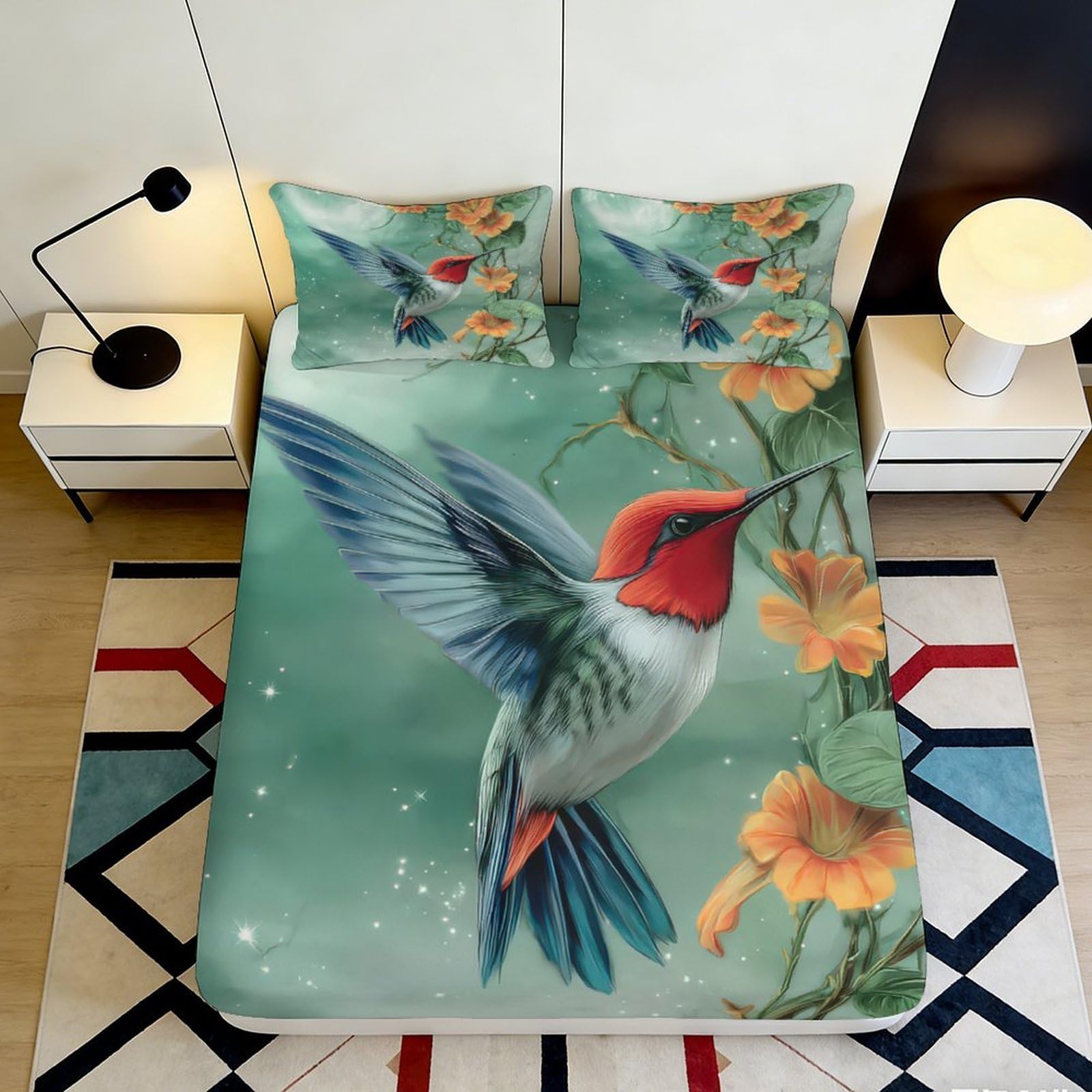 3D Printed Hummingbird Floral Fitted Sheet Microfiber Green Orange Bed Cover for Bedroom Guest Room Mattress Protection Decor 90x200x25cm